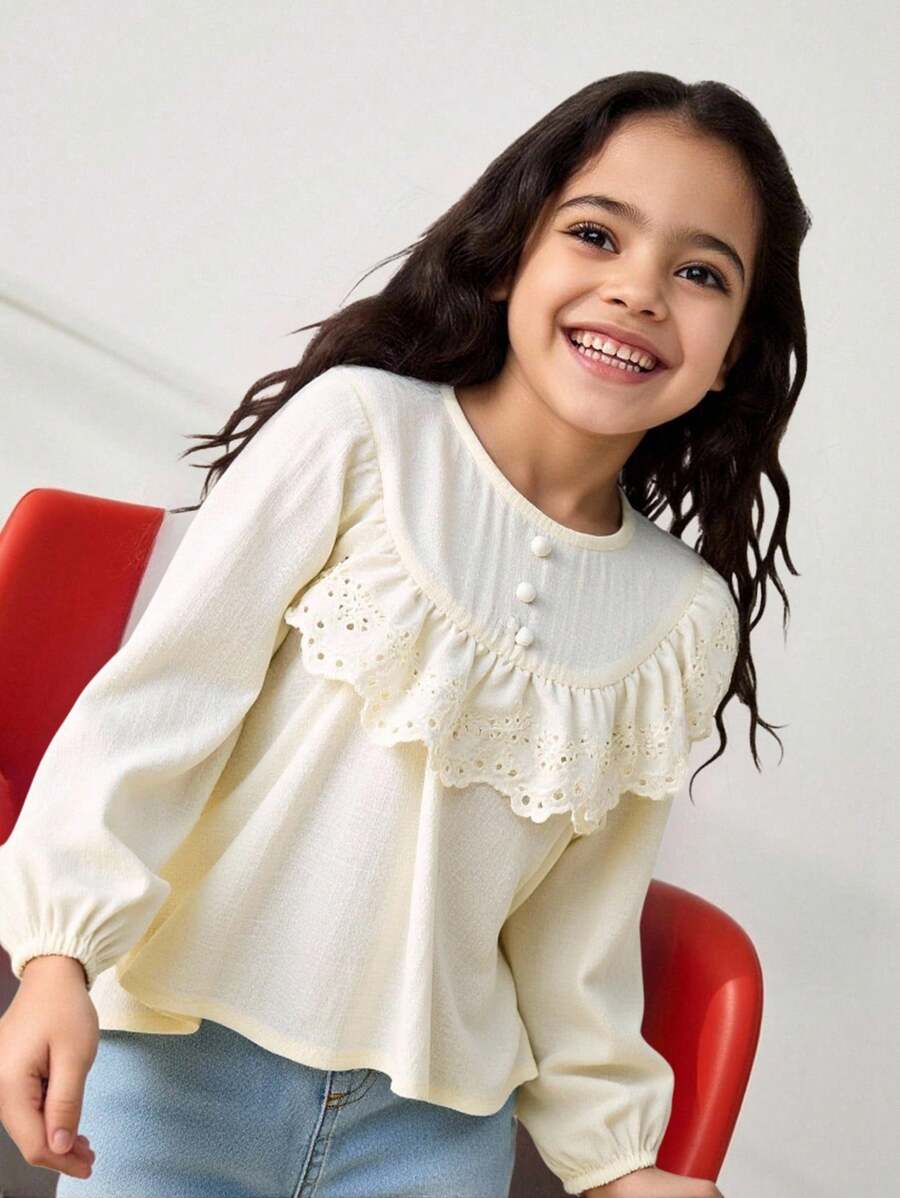 Maija Kids Maija Kids Young Girl Round Neck Ruffle Trim Long Sleeve Blouse Fall Winter - Apricot - View 1