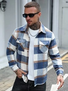 Manfinity Homme Men's Plaid Long Sleeve Single-Breasted Casual Utility Pocket Jacket, Autumn/Winter Flannels For Men, Perfect Holiday Gift For Boyfriend & Husband