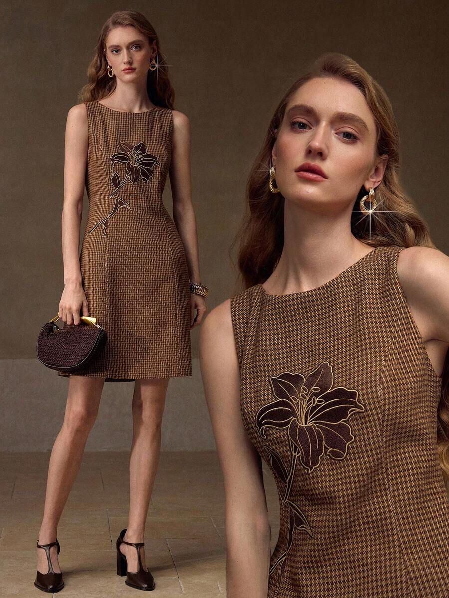 MOTF PREMIUM 刺绣格子修身迷你连衣裙