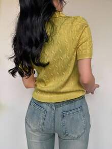 Flirla Atasan Rajut Polo Lengan Pendek Wanita Warna Kuning dengan Detail Tali Kepang - Kuning - View 2