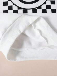 SHEIN 少女休闲日常优雅通勤长袖笑脸棋盘格圆领卫衣，适合秋冬季穿着，适合上学、度假和外出。 - 白色 - 查看 6