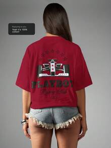 Missguided x Playboy Camiseta de algodón con gráfico retro bordado del Club de Carreras, de manga corta y sobredimensionada, con estampado frontal y trasero de la colección de carreras, estilo casual de calle y fórmula de carreras de automóviles - Burdeos - Ver 7