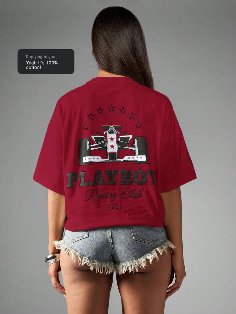Missguided x Playboy Camiseta de algodón con gráfico retro bordado del Club de Carreras, de manga corta y sobredimensionada, con estampado frontal y trasero de la colección de carreras, estilo casual de calle y fórmula de carreras de automóviles - Burdeos - Añade 7