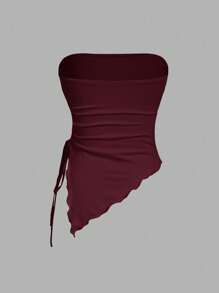 SHEIN MOD 多件式紧身胸衣上衣，侧边系腰褶，复古印花抹胸，秋季上衣，外出上衣，棕色背心 - 酒紅色 - 查看 6