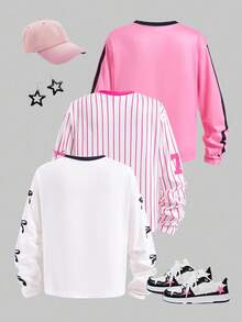 SHEIN 3 件青少年女孩时尚运动字母和数字印花长袖 T 恤（粉色白色条纹、白色、粉色），常规厚度，休闲，秋季