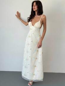 Aloruh Váy dây mảnh gợi cảm cổ chữ V sâu thêu hoa dành cho nữ - Màu be - Xem 7