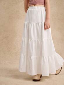 Elegant Choice For Girls: White Pleated Woven Skirt, Unique Texture, Delicate Details, Flowing Ruffles, Showcasing Sweet Elegant, Perfect For Outings Fall Winter - White - View 5