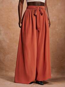 Veslaya 秋冬新品/女士秋季服装/万圣节/秋冬女装 百搭简约波西米亚风宽松飘逸阔腿裤，柔和纯色，适合海滩、音乐节、热带度假、春季穿着，大码女装 - 棕色 - 查看 3