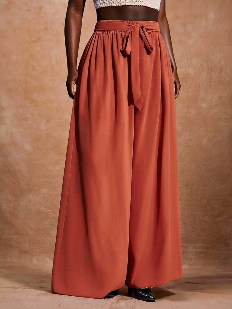 Veslaya 秋冬新品/女士秋季服装/万圣节/秋冬女装 百搭简约波西米亚风宽松飘逸阔腿裤，柔和纯色，适合海滩、音乐节、热带度假、春季穿着，大码女装 - 棕色 - 查看 3