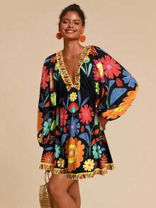 Travachic 女士度假V领长袖印花迷你连衣裙 - 黑色 - 查看 4