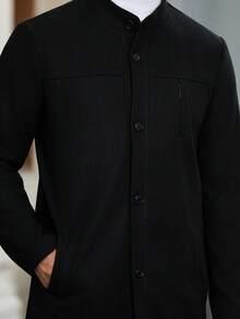 Manfinity CasualCool Áo khoác nam dài tay màu trơn có túi và nút phía trước, áo khoác nam dài sang trọng màu đen, thu đông - màu đen - Xem 7