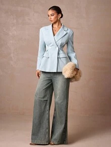 Lumalex 夸张肩部设计，收腰双排扣女士西装外套，尽显奢华新年、节日派对、婚礼季风情 - 淺藍色 - 查看 7