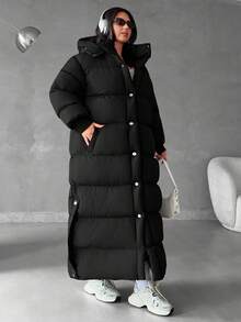 EURMUSE 中长款女士棉衣外套冬季黑色新款过膝加厚宽松保暖大衣 - 黑色 - 查看 6