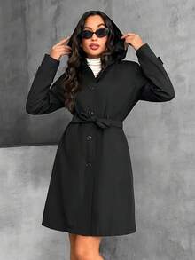 EURMUSE Women's Long Fit FW Fashion Belted Hooded Regular Coat - Black - View 7