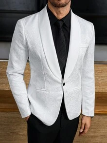 Manfinity AFTRDRK Men's Suit Jacket, Fashion Party Solid Color Blazer, Elegant Matching For Banquet, Jacquard Glossy Fabric, Casual Suit Jacket For Experts, Old Money - White - View 1