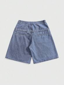 ROMWE Street Life Y2K Streetwear Embroidered Pocket Design Low Waist Loose Fit Denim Bermuda Shorts - Blue - View 2