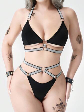 Grunge Punk Set di lingerie con bralette e perizoma, con fibbia a cuore in nastro argentato stile punk scuro, biancheria intima sexy
