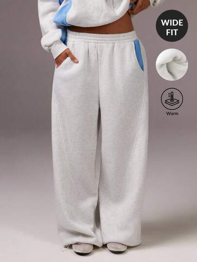 Athîral 女士松紧腰口袋撞色宽松休闲运动裤灰色运动裤女士运动裤女士阔腿运动裤宽松运动裤女士运动裤