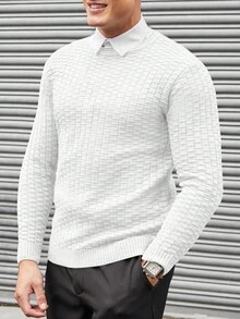 SHEIN Cottnline Men's Solid Color Jacquard Knit Sweater Without Shirt - White - View 3