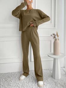 SHEIN Tall Women's Solid Color Round Neck Long Sleeve Loose Top And Pants 2 Pieces Set, Tall Women - Beige - View 4