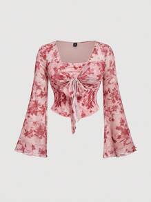 SHEIN MOD 大码女式花卉印花扭纹前开襟喇叭袖上衣和鱼尾裙优雅套装 - 粉色 - 查看 3