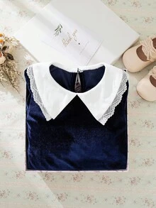 SHEIN 少女丝绒连衣裙，复古高领蕾丝边设计，优雅大方，适合日常穿着，秋冬季节亦可作为秋季连衣裙、返校节礼服或嘉年华礼服。 - 寶藍色 - 查看 4