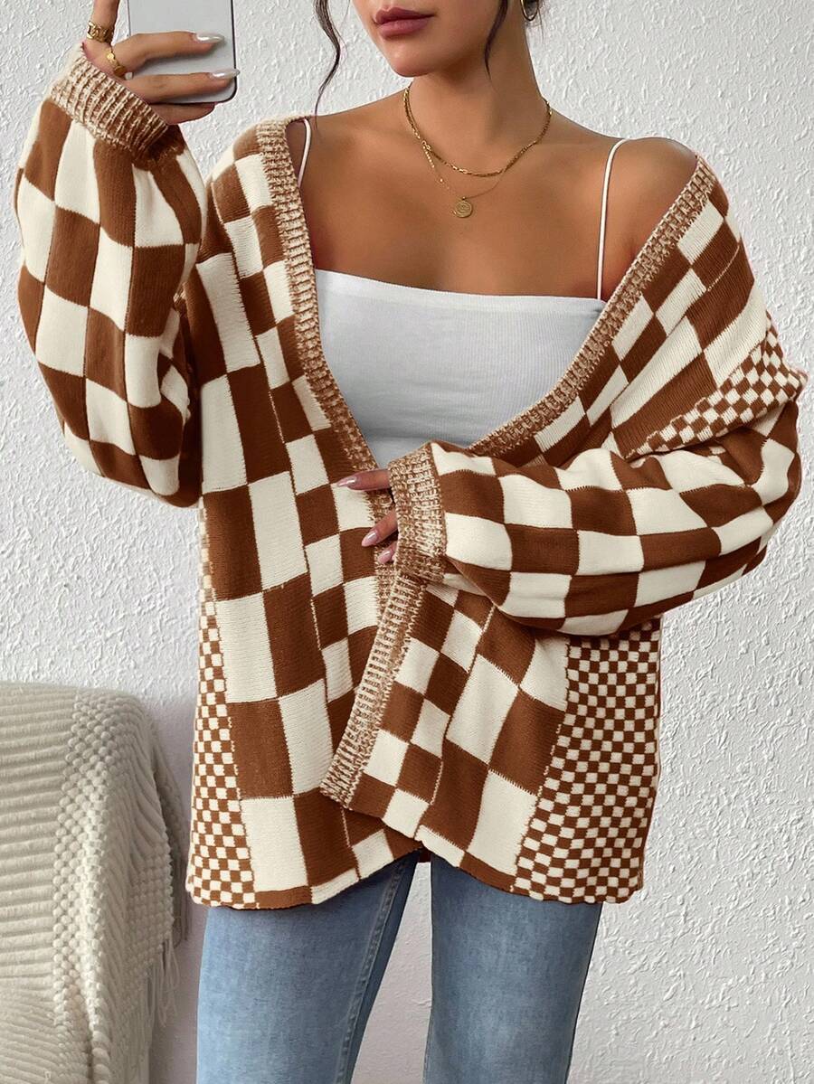 EMERY ROSE Damen Lässige Mode Schachbrettmuster Locker Strickjacke, Herbst/Winter - Khaki - Übersicht 1