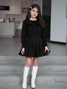 Tween Girl Solid Color Black Bow Decor Elegant Long Sleeve Blouse Fall Winter - Black - View 8