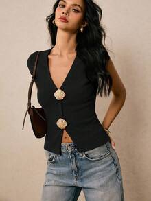 Poéselle T-shirt à la mode pour femmes avec décoration de coquille métallique, col en V et manches chauve-souris