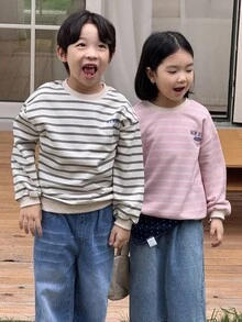 Genkimix Kids Spring/Autumn New Boys Loose Casual Striped Sweatshirt, Letter Print, Comfortable Sporty Top - Apricot - View 6