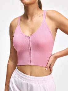 LOUNGEISTA 1pc Cute Front Zipper Seamless Elastic Sports Bra & Enhancing Bra For Women, Workout - Pink - View 6