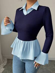 Elenzga Women's 2 In 1 Woven Patchwork Shirt Collar V-Neck Long Sleeve Fitted Flared Hem Elegant Blouse, Spring/Autumn/Winter Fall Cloth For Women