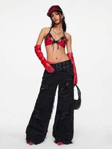 ROMWE Street Life 女式宽松做旧阔腿牛仔裤，双腰带设计 - 黑色 - 查看 6