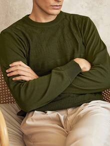 Manfinity Mode 男士纯色轻薄针织毛衣，圆领，长袖，春秋季 - 軍綠色 - 查看 5