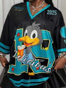 SHEIN CURVE+ 大码女式休闲宽松简约 V 领可爱鸭子印花 T 恤/大码 T 恤/图案 T 恤 - 黑色 - 查看 7