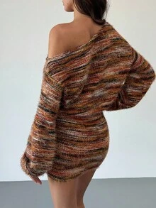 Aloruh 女士秋冬不对称肩长袖高腰修身复古条纹迷你连衣裙，上衣宽松，下装紧身，尽显身材 - 棕色 - 查看 3