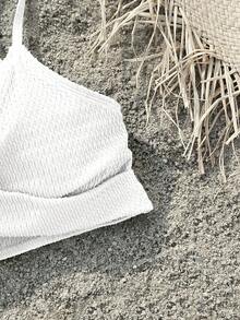 SHEIN Bộ đồ bơi hai dây dệt kim trơn màu cho bé gái tuổi mới lớn, mùa xuân/hè - trắng - Xem 3