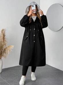 SHEIN CURVE+ 大码女式长袖单排扣抽绳腰休闲撞色连帽风衣女式长外套女式长外套开放式长袍大码夹克适度外套，女式秋季服装冬季秋冬 - 黑色 - 查看 6