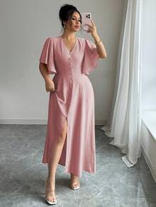 Elenzga 大码女式春夏法式优雅通勤休闲度假下午茶波西米亚风 V 领纽扣装饰 A 字开衩喇叭袖长裙 - 粉色 - 查看 1