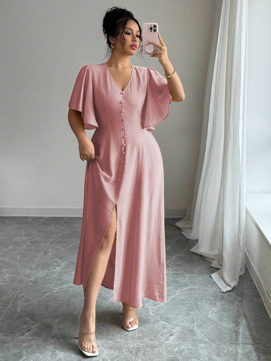 Elenzga 大码女式春夏法式优雅通勤休闲度假下午茶波西米亚风 V 领纽扣装饰 A 字开衩喇叭袖长裙 - 粉色 - 查看 1