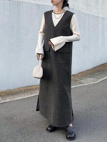 FRIFUL Women's V-Neck Straight Hem Slit Casual Solid Color Front Pocket Decor Long Dress - Grey - View 6