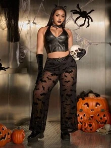 SHEIN EZwear Quần lưới lưới rộng rãi họa tiết dơi Halloween cỡ lớn cho nữ - màu đen - Xem 5