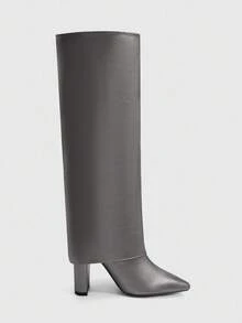 CUCCOO SZL Women's Pointed Toe Thick High Heel Boots, Silver PU Fabric Double Layer Design, Fashion Minimalist For Daily, Party, Banquet, Side Zipper - Silver - View 3
