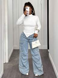 BamGleam Camiseta De Cuello Alto Y Dobladillo Asimétrico De Color Sólido