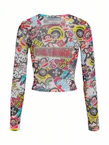 Paul Frank X SHEIN Women's Cartoon Pattern Tight Fit Crew Neck Long Sleeve Top - Multicolor - View 2