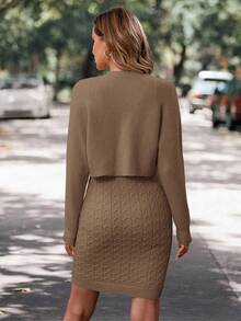 SHEIN LUNE Bộ đồ gồm 2 món áo len cổ tròn dáng suông dành cho nữ, thích hợp đi làm và đi chơi. Áo len hai mảnh dệt kim gân, bộ đồ hai mảnh màu nâu dành cho nữ, bộ áo len dệt kim màu nâu thoải mái cho mùa thu/đông, phong cách thường ngày. - Cà phê nâu - Xem 7