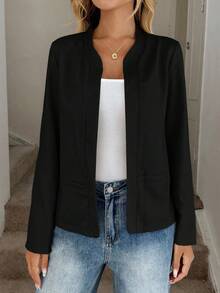 SHEIN LUNE 女式休闲工作夹克，前开襟，小立领和口袋，秋季无领西装外套短款西装外套黑色西装外套女式前开襟西装外套女式西装外套 - 黑色 - 查看 5