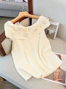 GlowEve CURVE Plus Size Women's Elegant Off Shoulder Embellished Knit Top - Beige - View 3