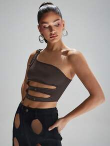 Denimoi Summer Women, Black Scuba One Shoulder Top With Cutouts And Studs, Black Top - Coffee Brown - View 4