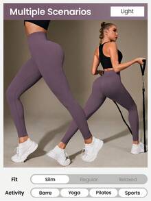 Easithlete Quần legging bó cạp cao liền mạch có gân dành cho nữ - Quần legging mềm mại như làn da thứ hai, nhanh khô, thoáng khí, co giãn 4 chiều, dùng để chạy bộ, đạp xe, tập yoga, bóng chày, thường ngày, màu đen - Màu đỏ tím - Xem 2